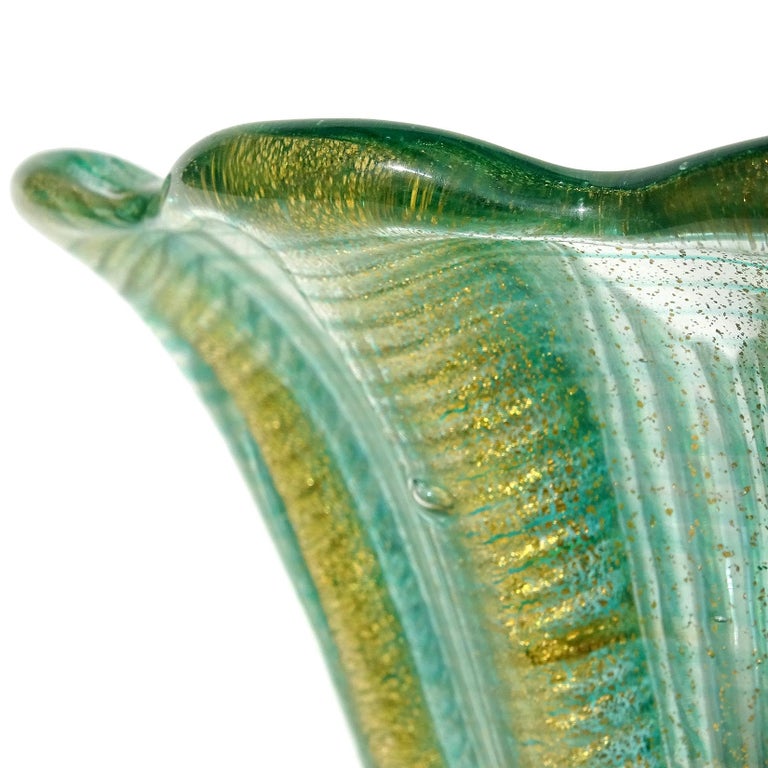 Barovier Toso Murano Green Gold Flecks Italian Art Glass Ribbed Centerpiece Bowl For Sale at 1stDibs