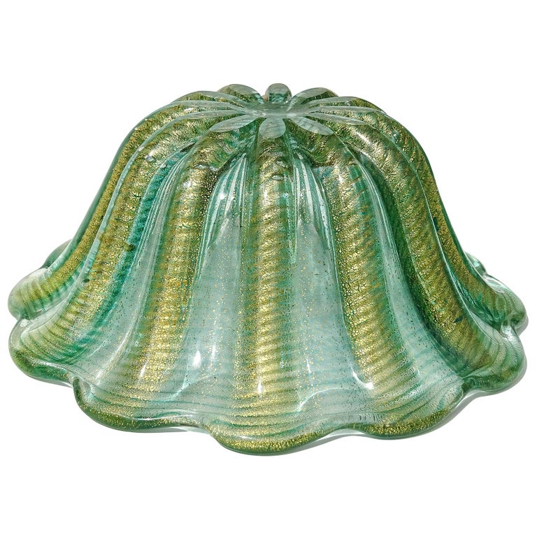 Barovier Toso Murano Green Gold Flecks Italian Art Glass Ribbed Centerpiece Bowl For Sale at 1stDibs