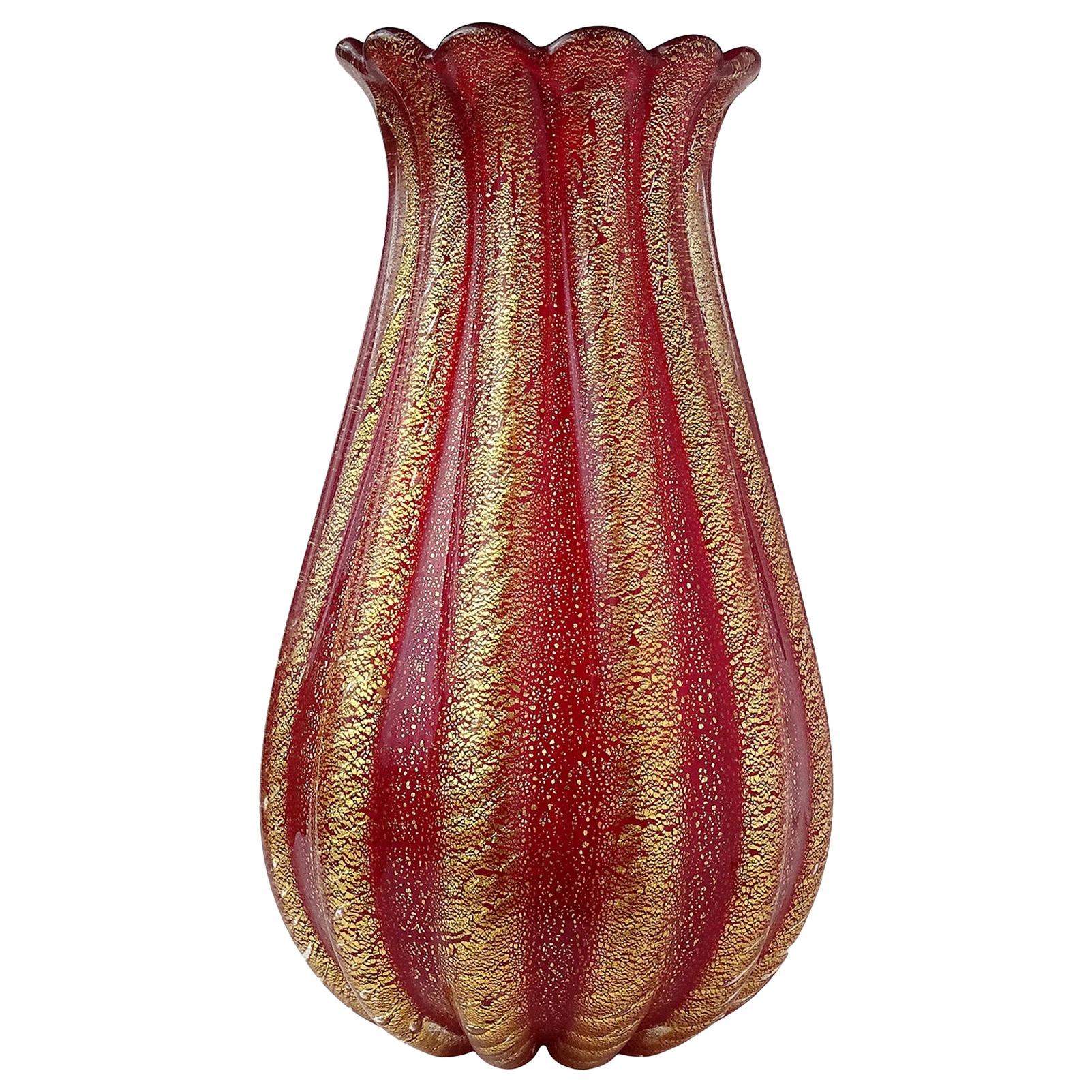 Barovier Toso Murano Red Gold Flecks Italian Art Glass Ribbed Flower Vase