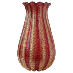 Barovier Toso Murano Red Gold Flecks Italian Art Glass Ribbed Flower Vase