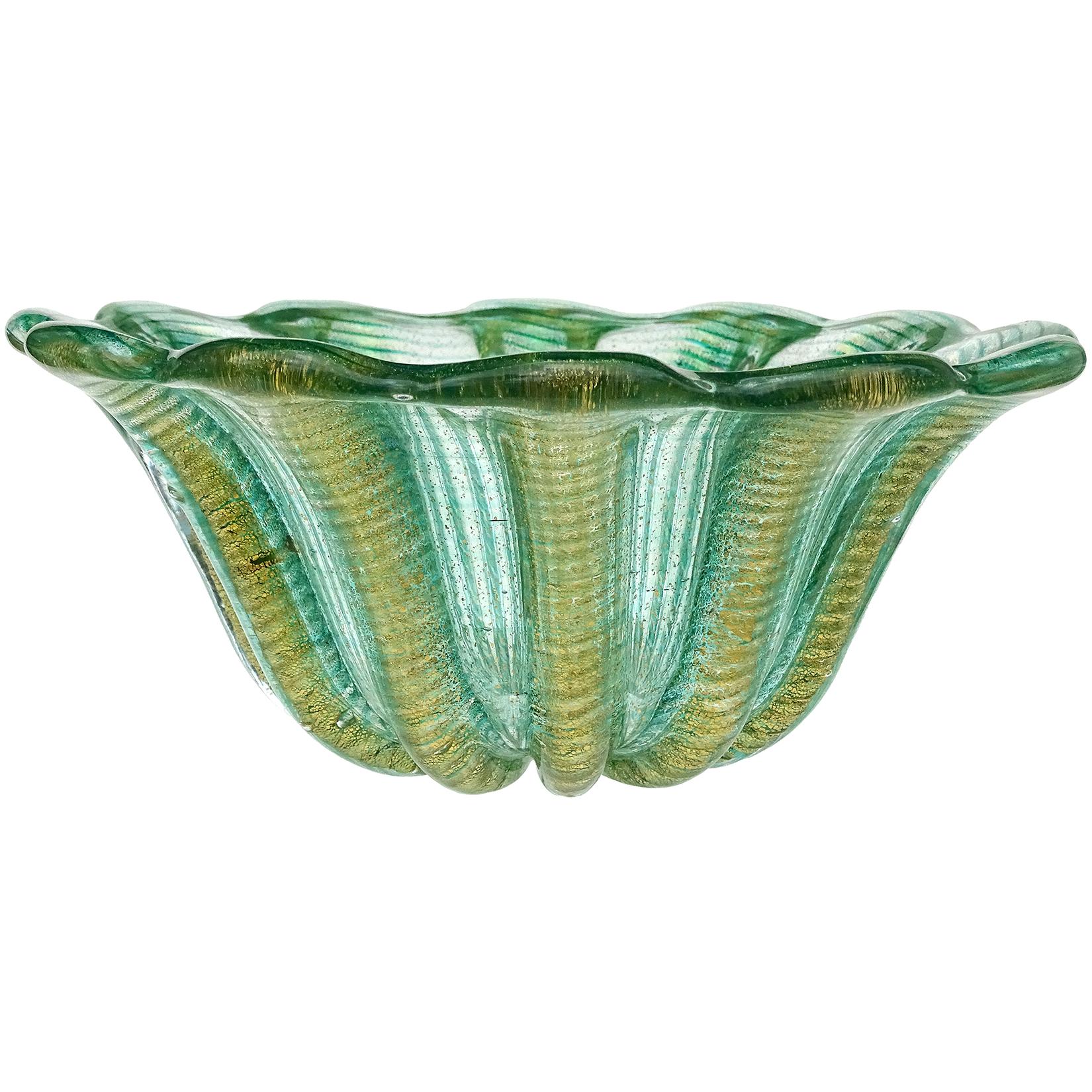 Barovier Toso Murano Green Gold Flecks Italian Art Glass Ribbed Centerpiece Bowl