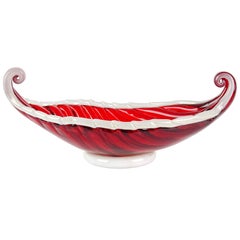 Vintage Barovier Toso Murano Red Gold Trim Italian Art Glass Gondola Footed Bowl Dish