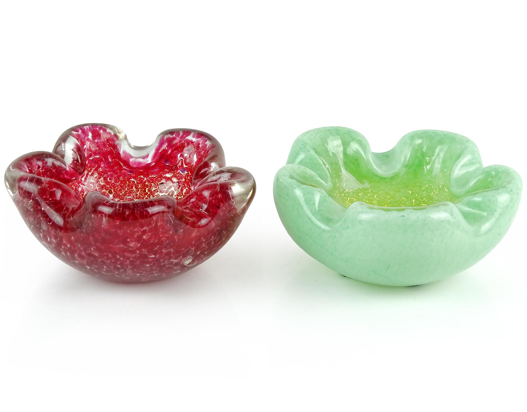 Priced per bowl (2 colors available). Beautiful Murano hand blown green and red Italian art glass raised texture flower or star shaped bowls with gold leaf. Documented to designer Ercole Barovier for the Barovier e Toso company. Created in the