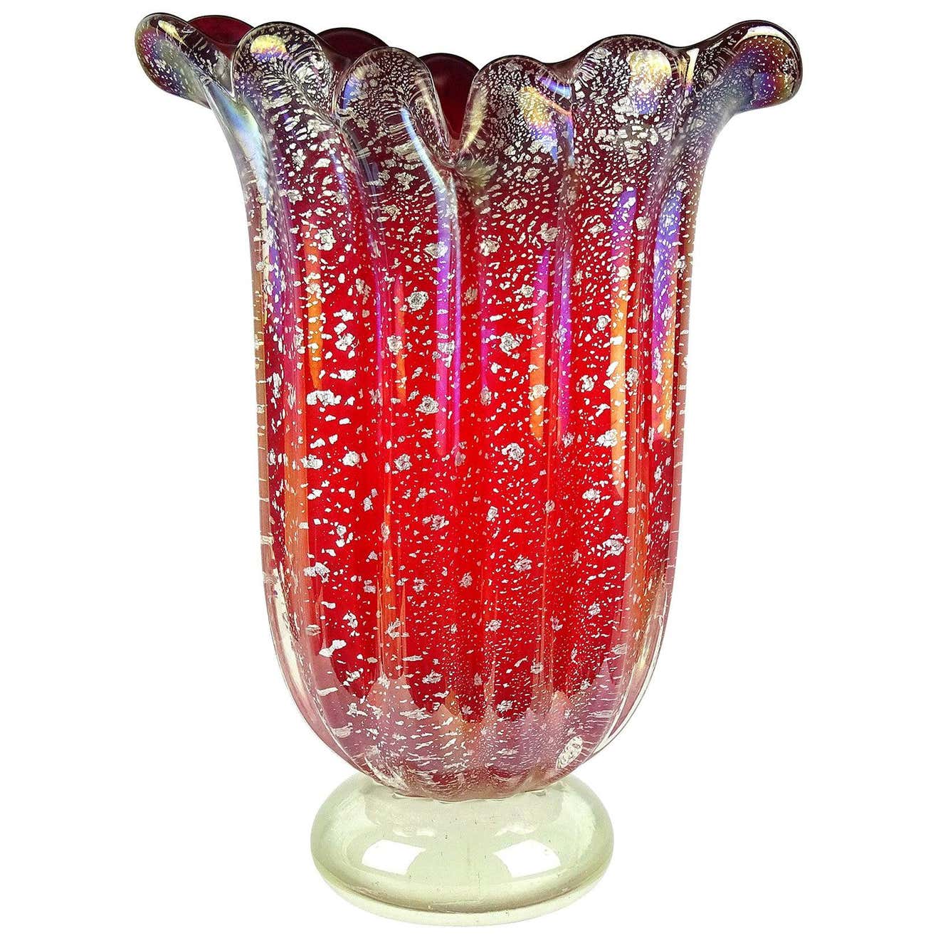 Barovier Toso Murano Red Iridescent Silver Flecks Italian Art Glass Flower Vase For Sale At 1stdibs
