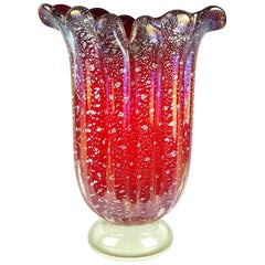 Vintage Barovier Toso Murano Red Iridescent Silver Flecks Italian Art Glass Flower Vase