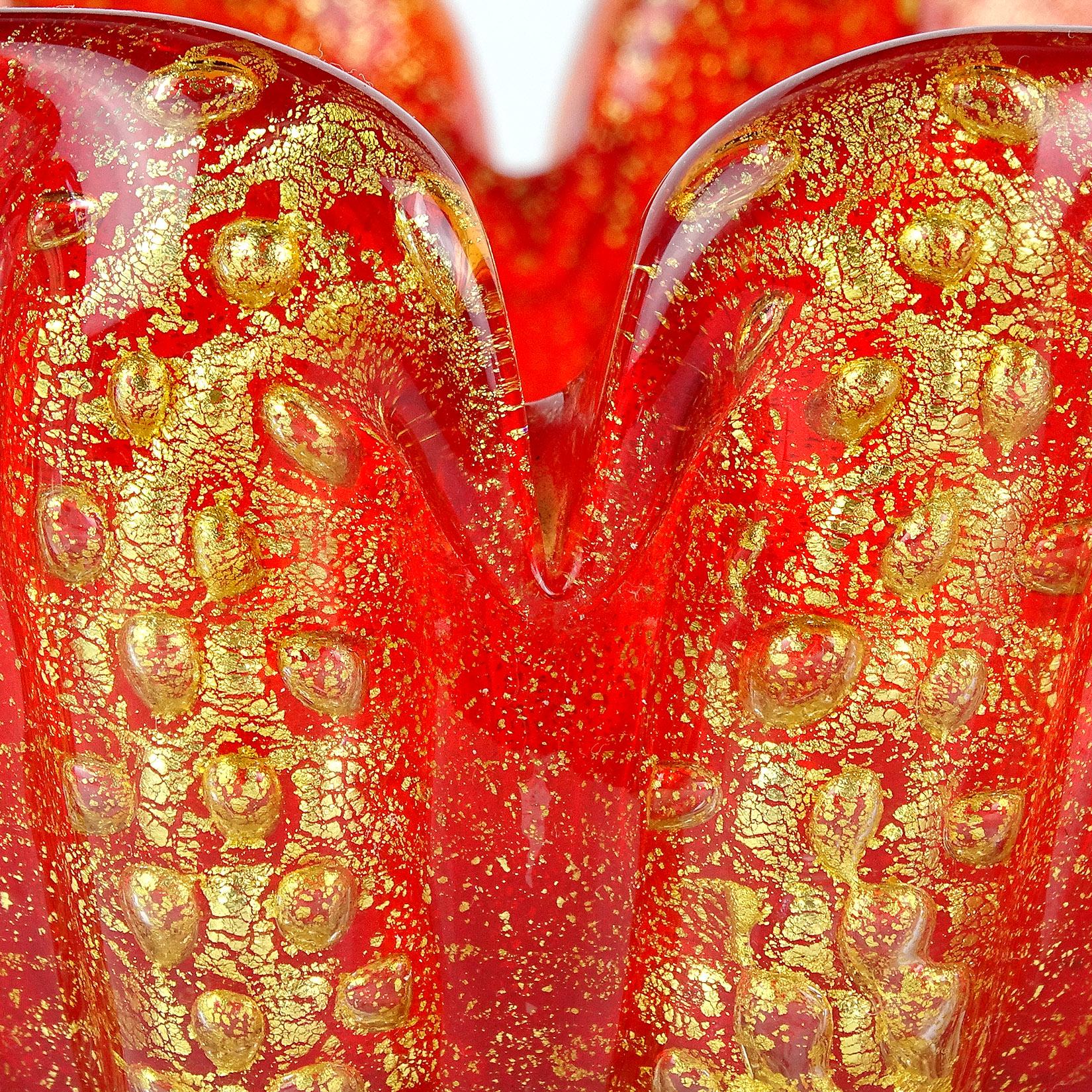 Mid-Century Modern Barovier Toso Murano Red Pink Gold Flecks Italian Art Glass Flower Form Bowls For Sale