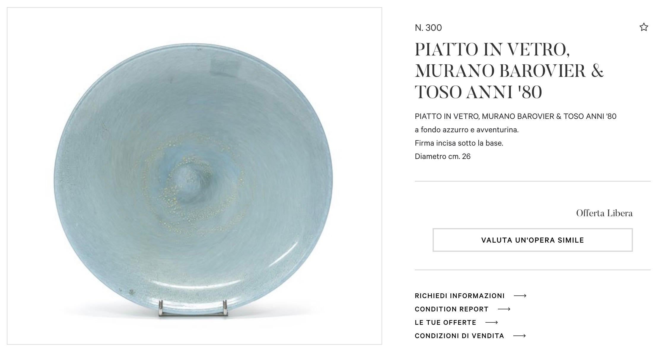 Mid-Century Modern Barovier & Toso Murano Round Sky Blue Color Glass Plate, 1980 For Sale