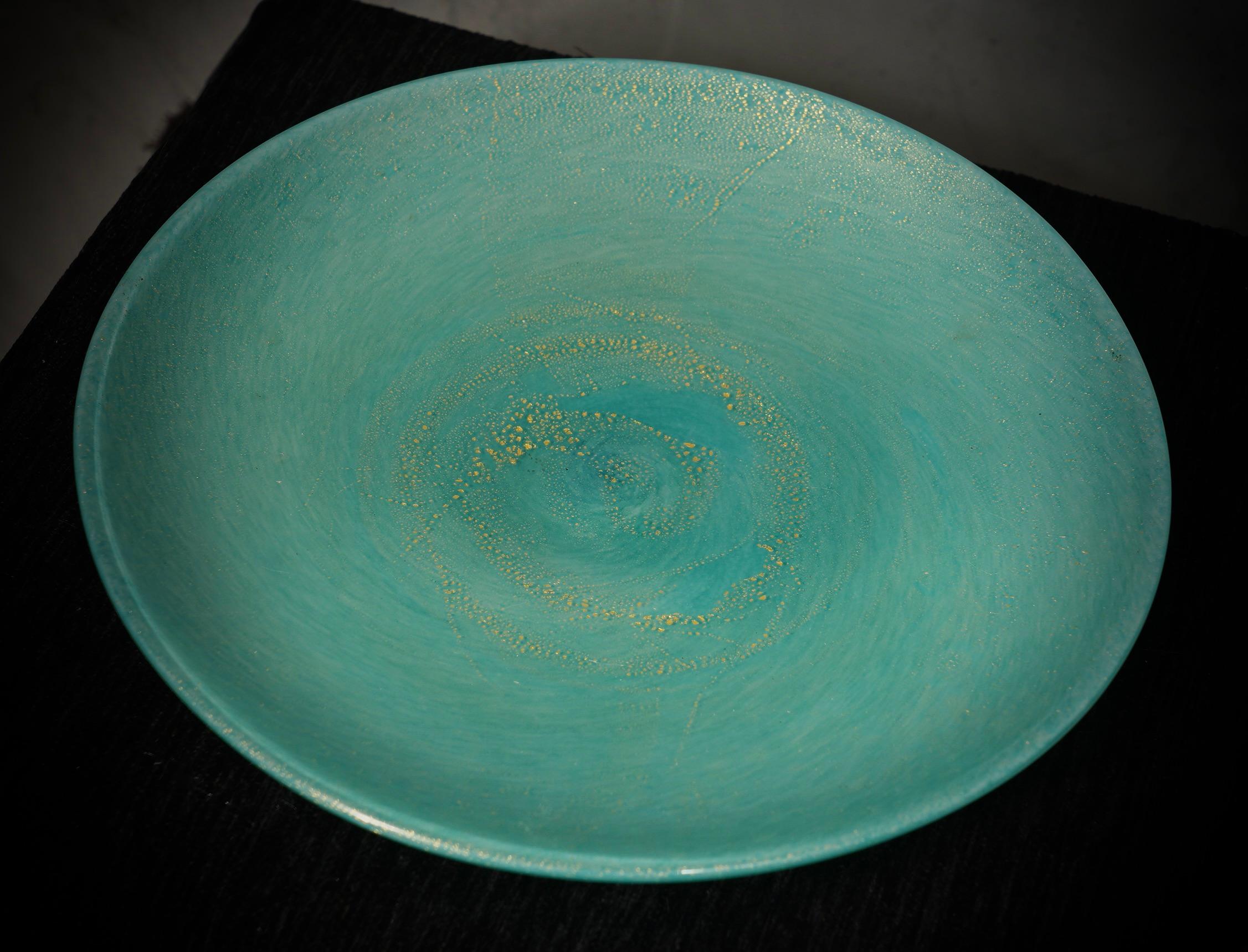 Late 20th Century Barovier & Toso Murano Round Sky Blue Color Glass Plate, 1980 For Sale