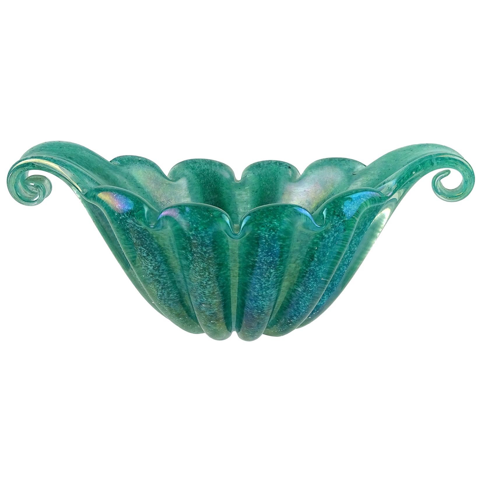 Barovier Toso Murano Signed Green Iridescent Italian Art Glass Flared Rim Bowl