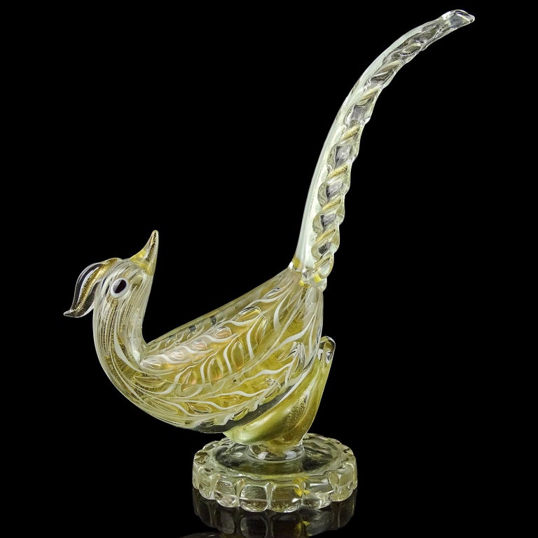 Beautiful and rare, vintage Murano hand blown white and gold flecks Italian art glass pheasant bird sculpture. Documented to designer Ercole Barovier for Barovier e Toso. The bird is signed underneath 