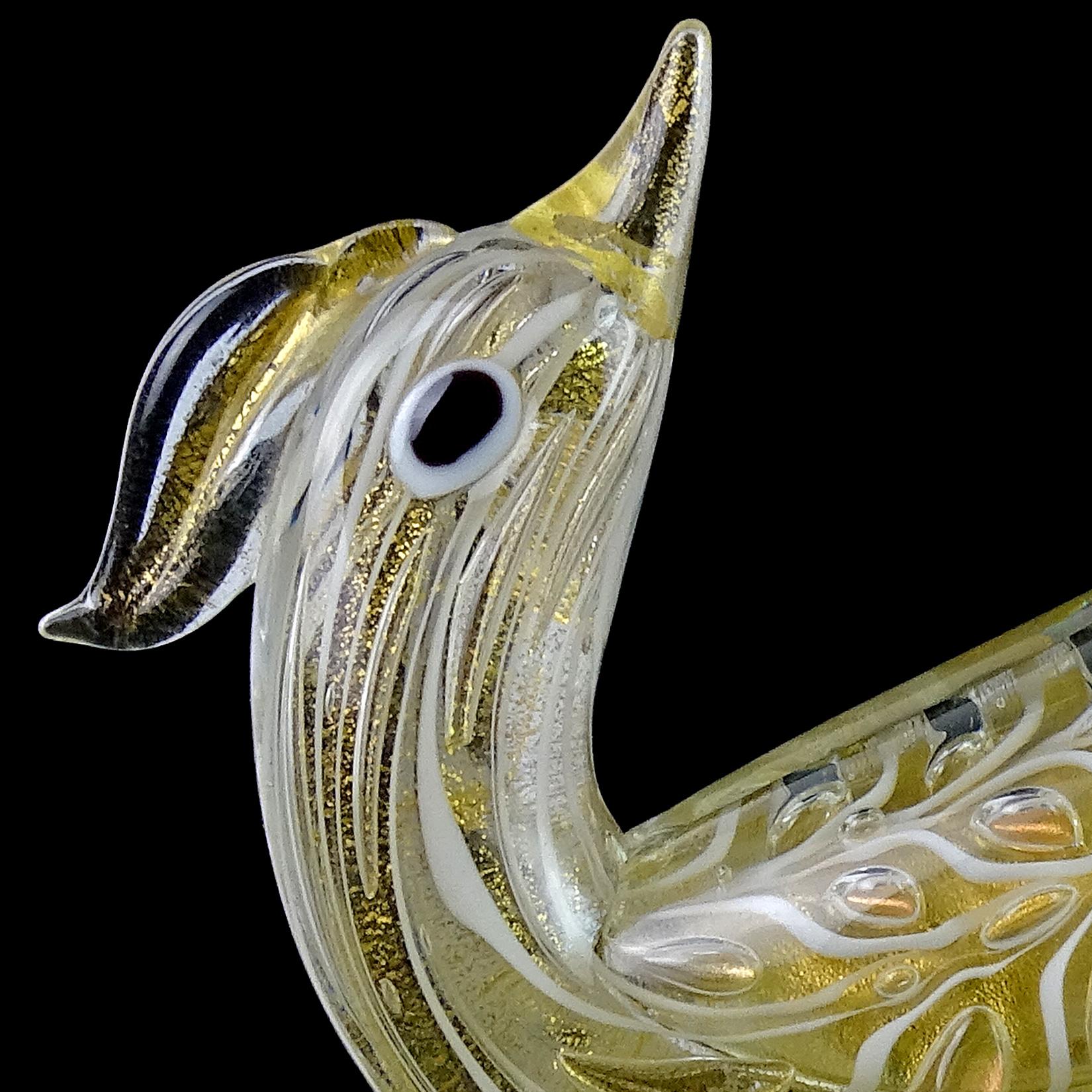 Mid-Century Modern Barovier Toso Murano Signed White Gold Flecks Italian Art Glass Bird Sculpture