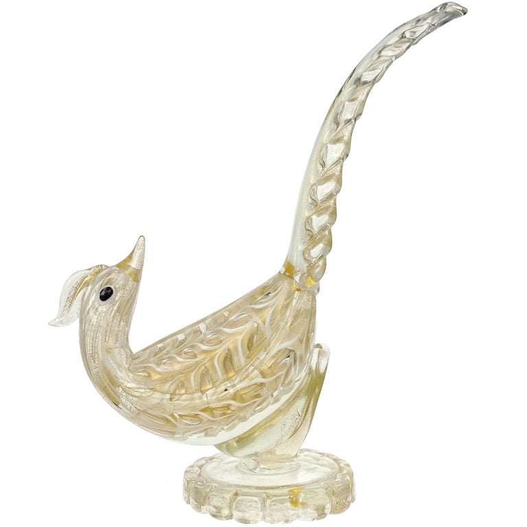 Barovier Toso Murano Signed White Gold Flecks Italian Art Glass Bird Sculpture For Sale