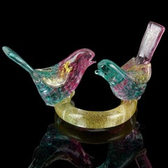 Barovier Toso Murano Teal Pink Gold Fleck Scultura in vetro d'arte italiana Uccelli d'amore