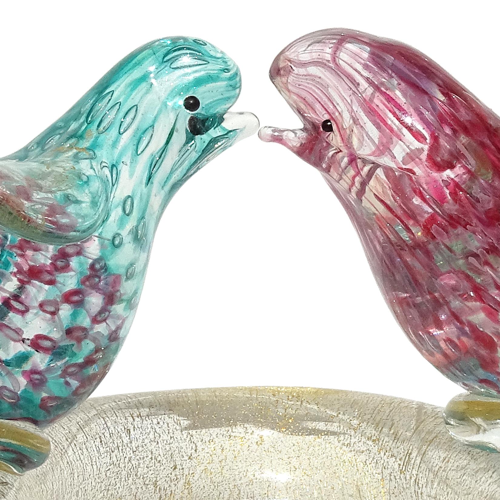 Barovier Toso Murano Teal Rosa Gold Fleck italienische Kunst Glas Love Birds Skulptur (Moderne der Mitte des Jahrhunderts) im Angebot