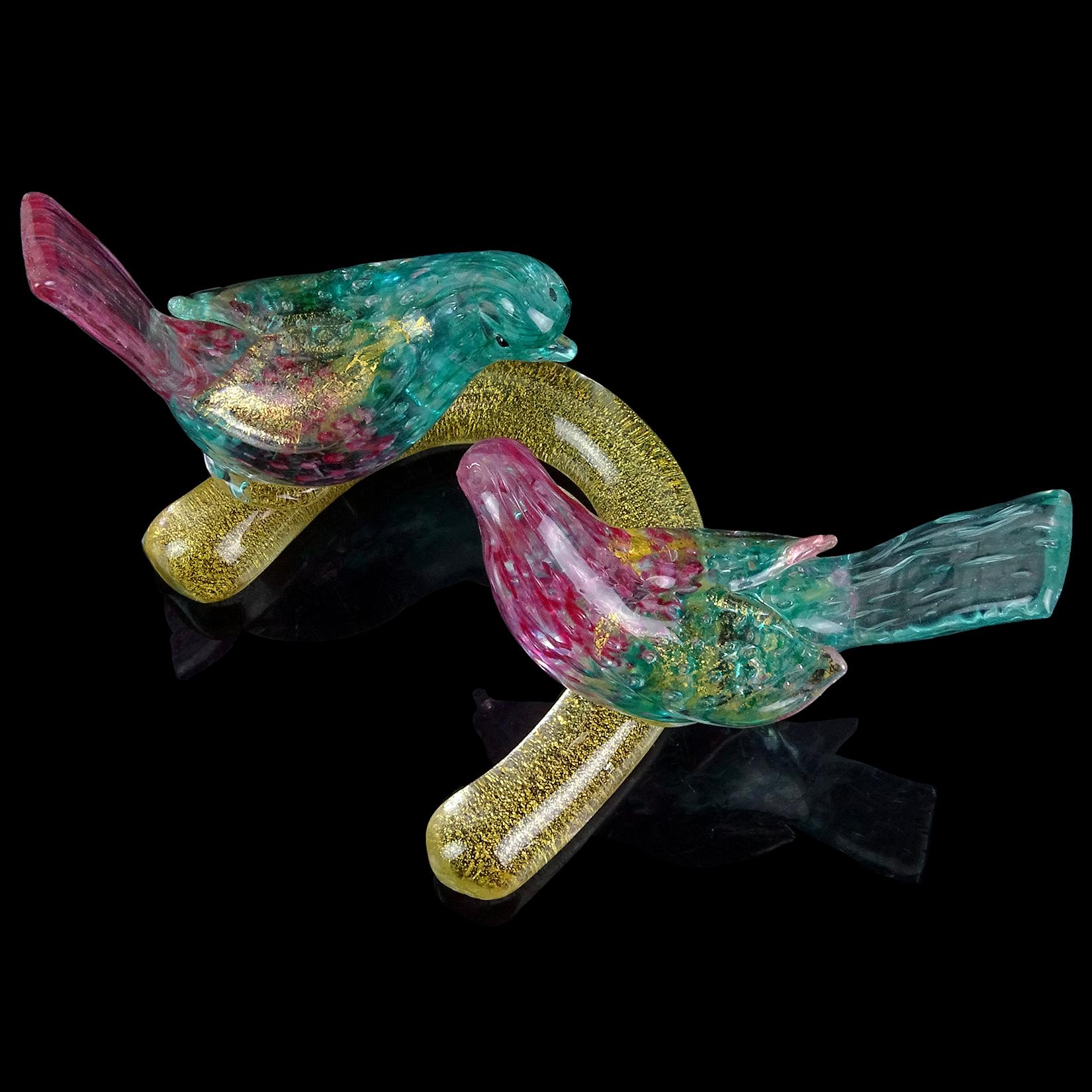 Fait main Barovier Toso Murano, sculpture d'oiseaux d'amour en verre d'art italien rose sarcelle et moucheté d'or en vente