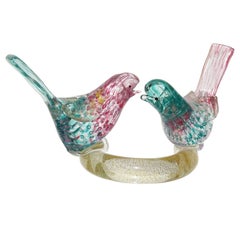 Barovier Toso Murano Teal Pink Gold Fleck Arte Italiano Vidrio Escultura Pájaros del Amor