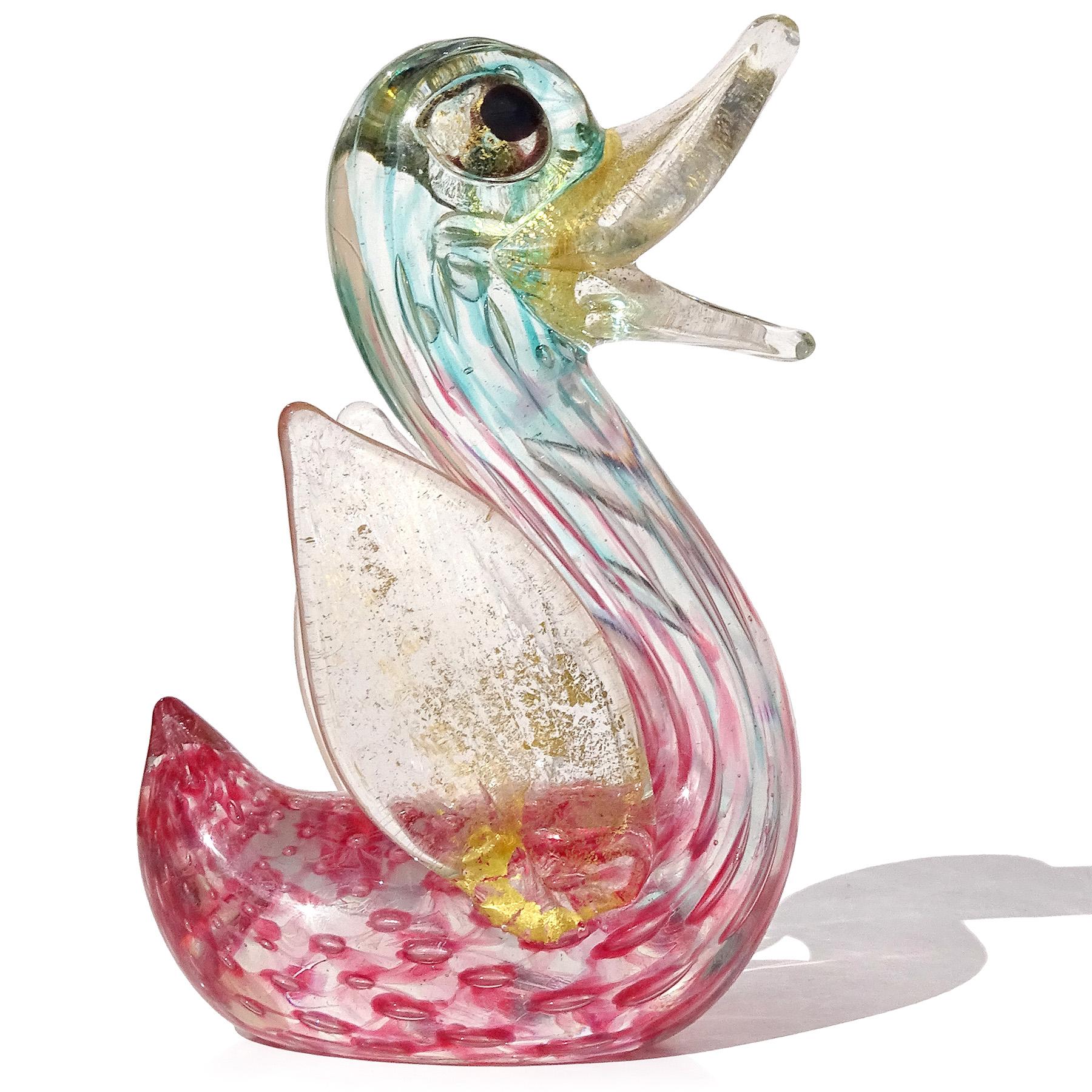 Fait main Barovier Toso Murano - Figurine d'oiseau en verre d'art italien rose sarcelle et mouchetures dorées en vente