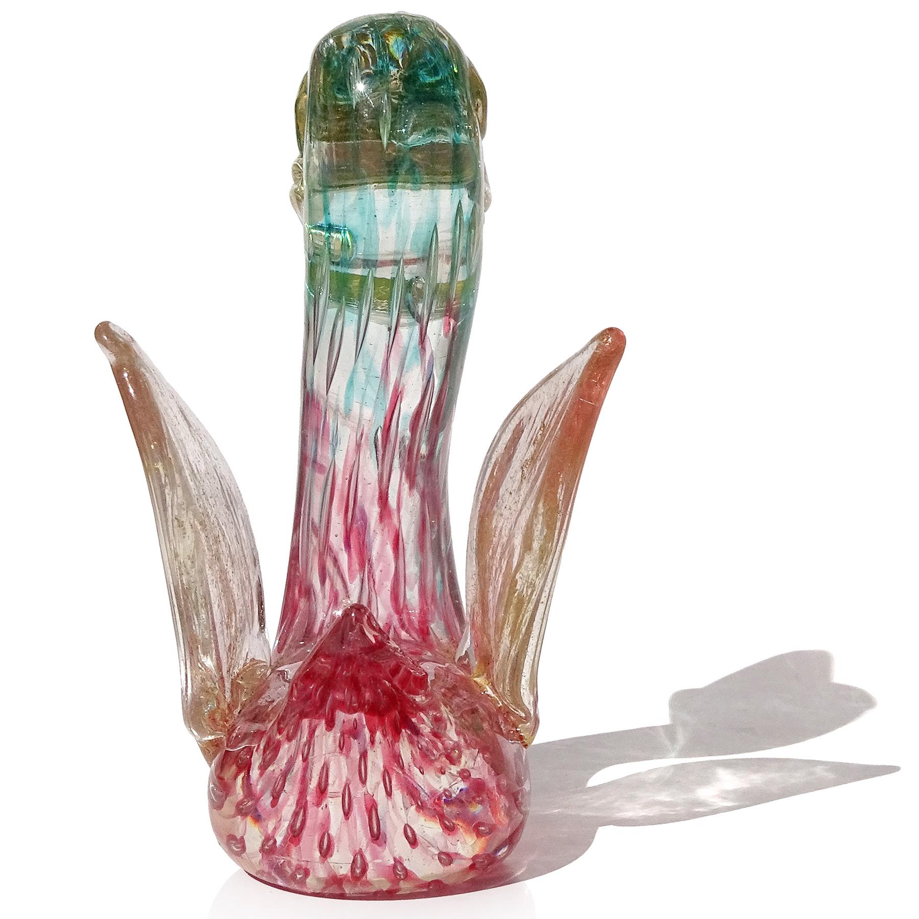 Barovier Toso Murano Teal Pink Gold Flecks Italian Art Glass Bird Figurine In Good Condition For Sale In Kissimmee, FL