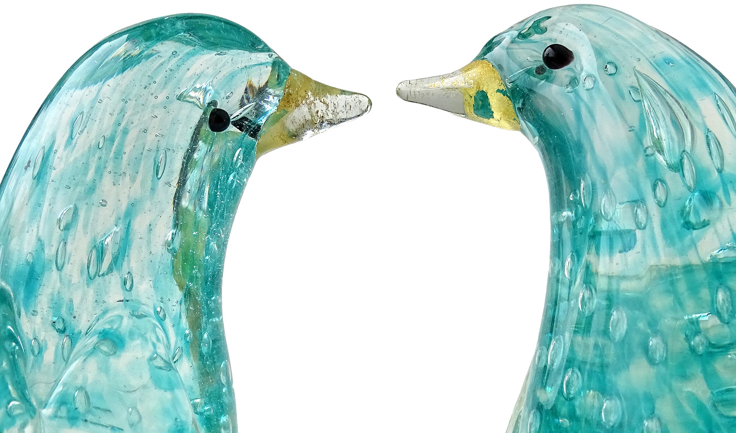 Barovier Toso Murano Türkis Gold Fleck italienische Kunst Glas Love Birds Skulptur (Moderne der Mitte des Jahrhunderts)