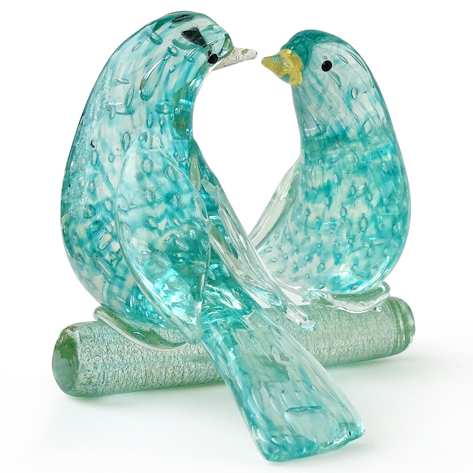 Barovier Toso Murano Türkis Gold Fleck italienische Kunst Glas Love Birds Skulptur (Handgefertigt)