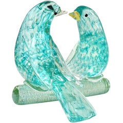 Barovier Toso Murano Turquoise moucheté d'or Art italien verre d'amour oiseaux Sculpture