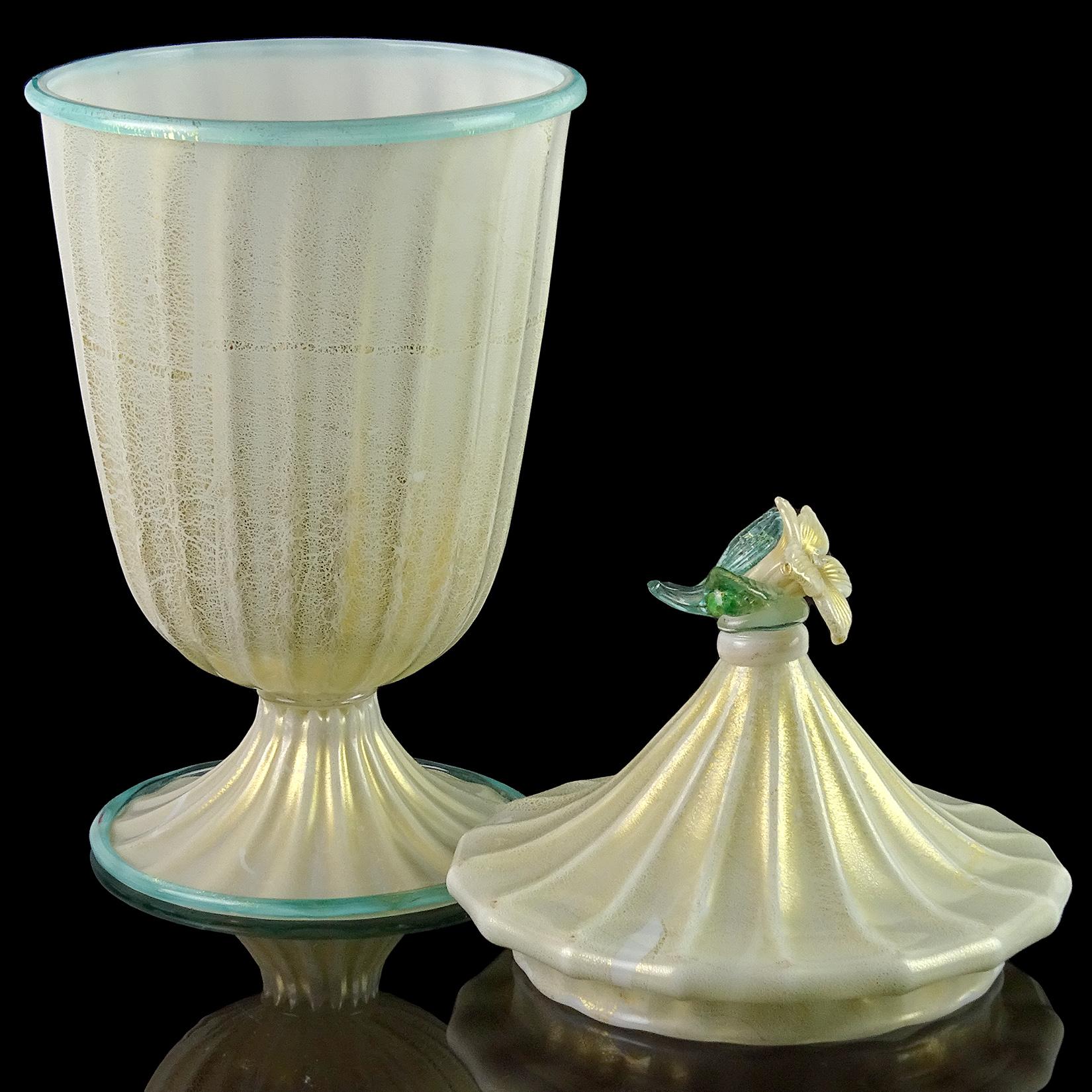 Hand-Crafted Barovier Toso Murano White Aqua Gold Flecks Italian Art Glass Jar Container For Sale