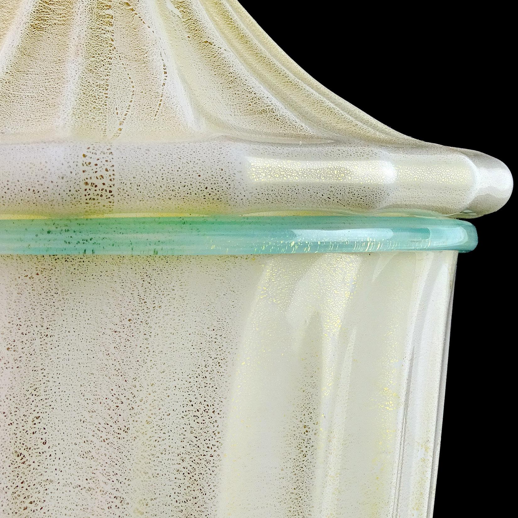 20th Century Barovier Toso Murano White Aqua Gold Flecks Italian Art Glass Jar Container For Sale