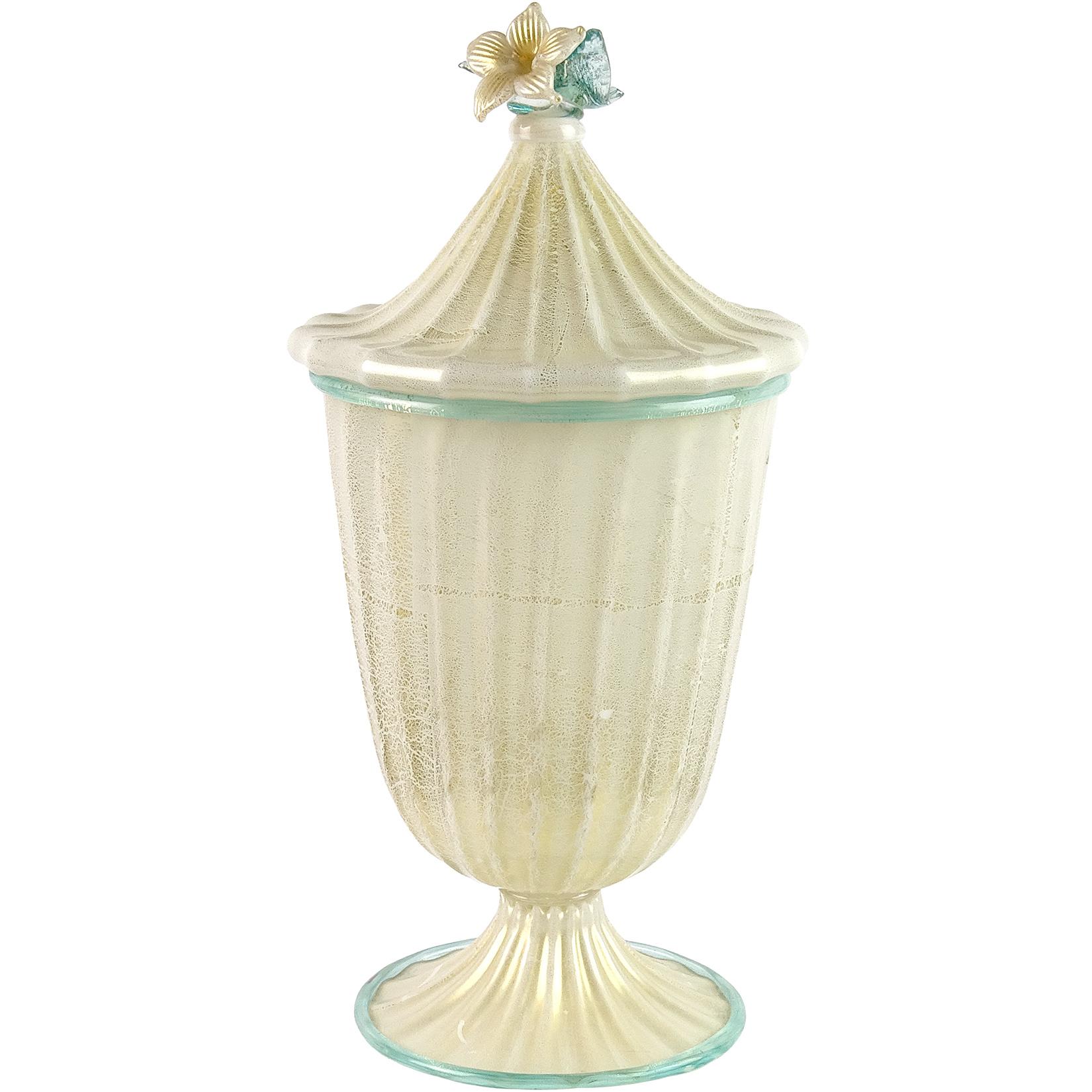 Barovier Toso Murano White Aqua Gold Flecks Italian Art Glass Jar Container For Sale 2