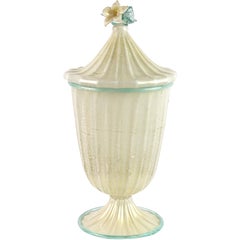 Vintage Barovier Toso Murano White Aqua Gold Flecks Italian Art Glass Jar Container