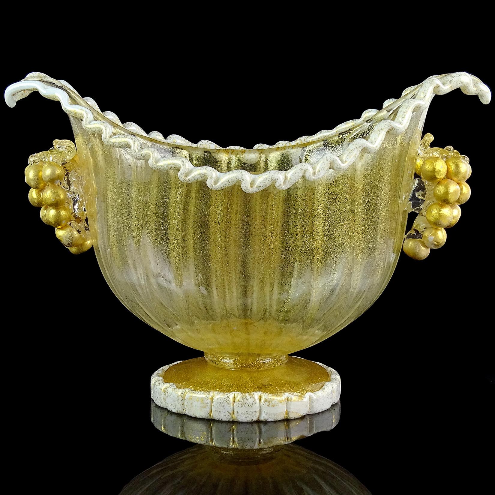 Gorgeous vintage Murano hand blown, white and gold flecks with grape decoration Italian art glass compote bowl / vase. Documented to Ercole Barovier for the Barovier e Toso company, circa 1930s-1940s. Profusely covered in gold leaf throughout. The
