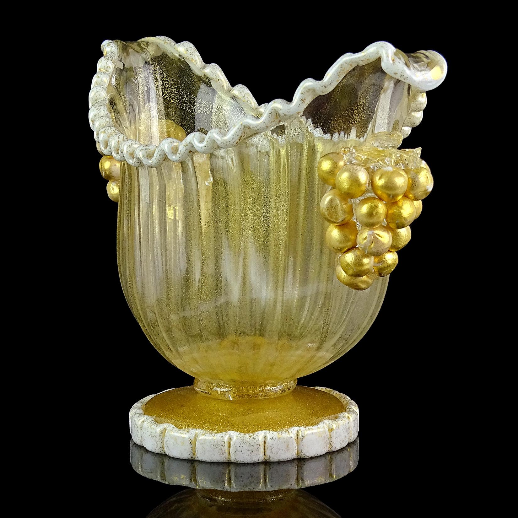 Art Deco Barovier Toso Murano White Gold Flecks Grape Italian Art Glass Compote Bowl Vase
