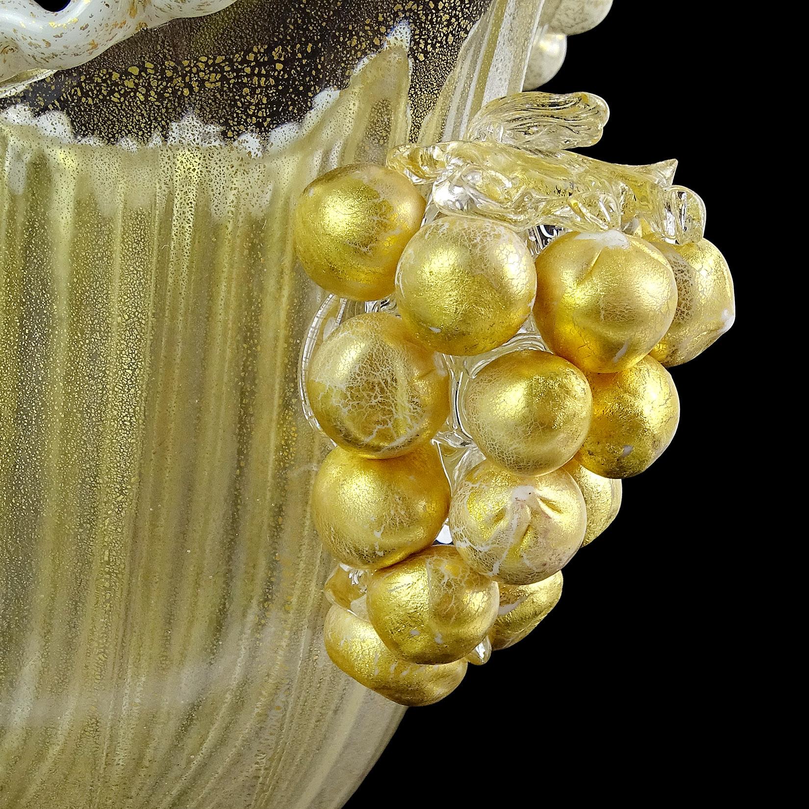 Hand-Crafted Barovier Toso Murano White Gold Flecks Grape Italian Art Glass Compote Bowl Vase