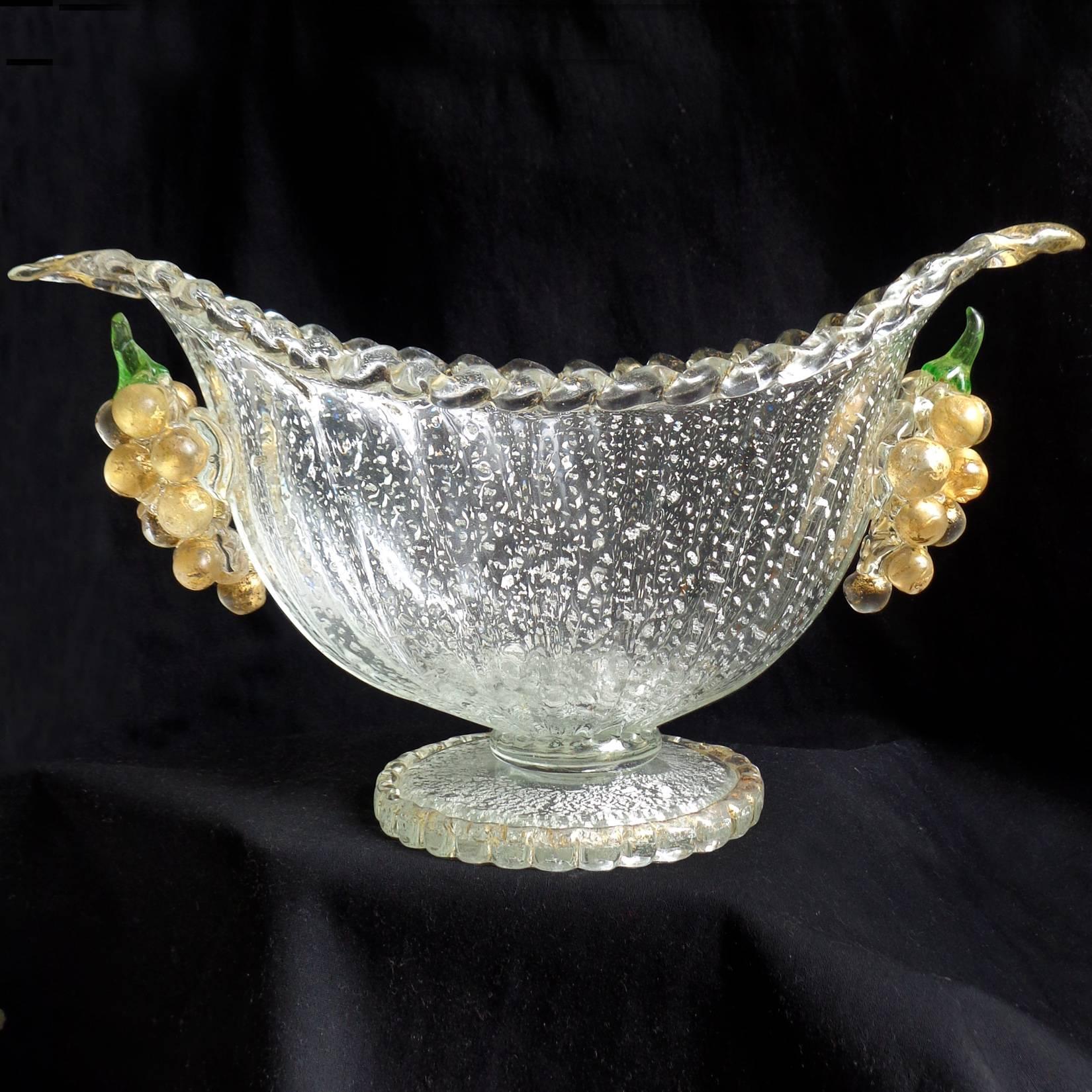 Barovier Toso Murano White Gold Flecks Grape Italian Art Glass Compote Bowl Vase 2