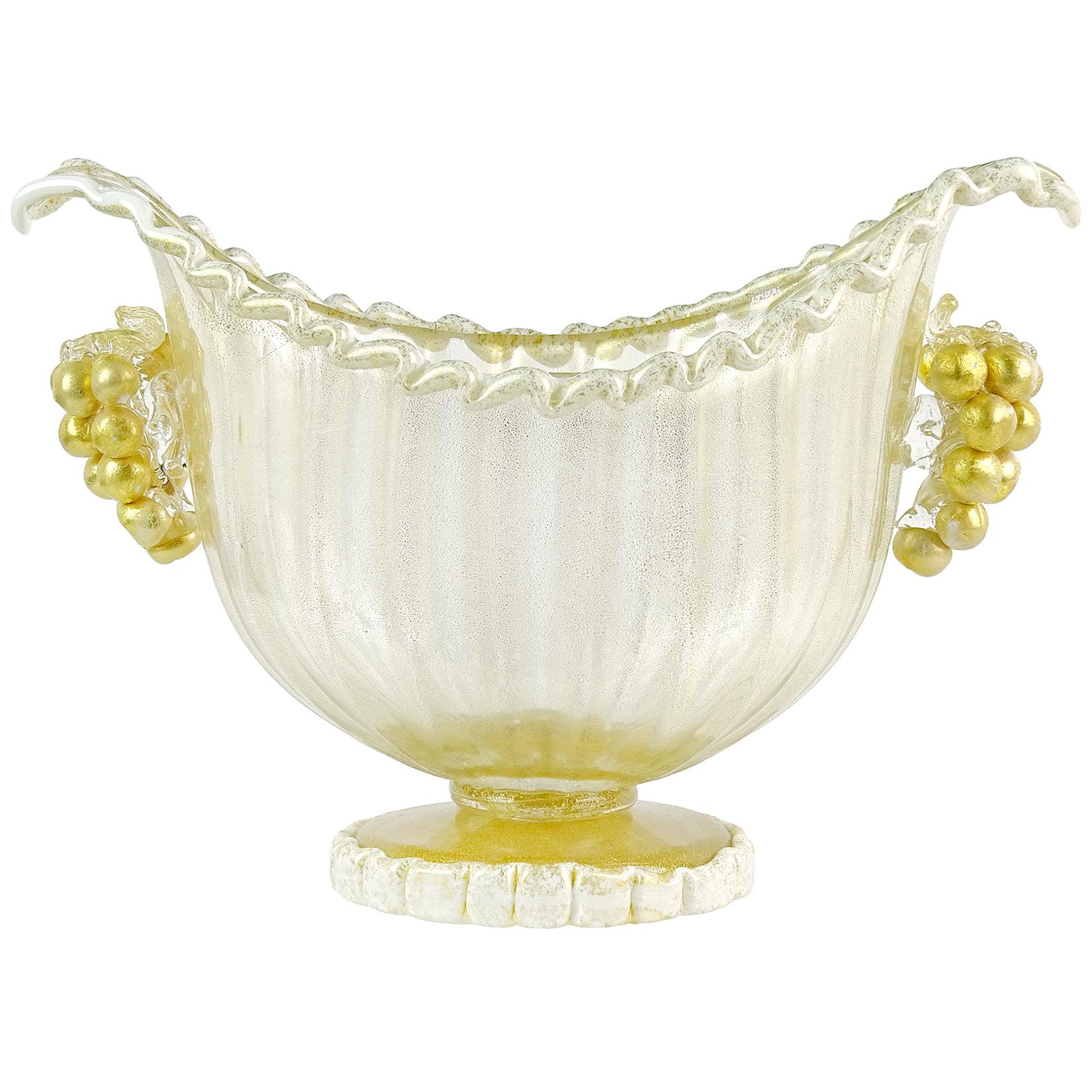 Barovier Toso Murano White Gold Flecks Grape Italian Art Glass Compote Bowl Vase