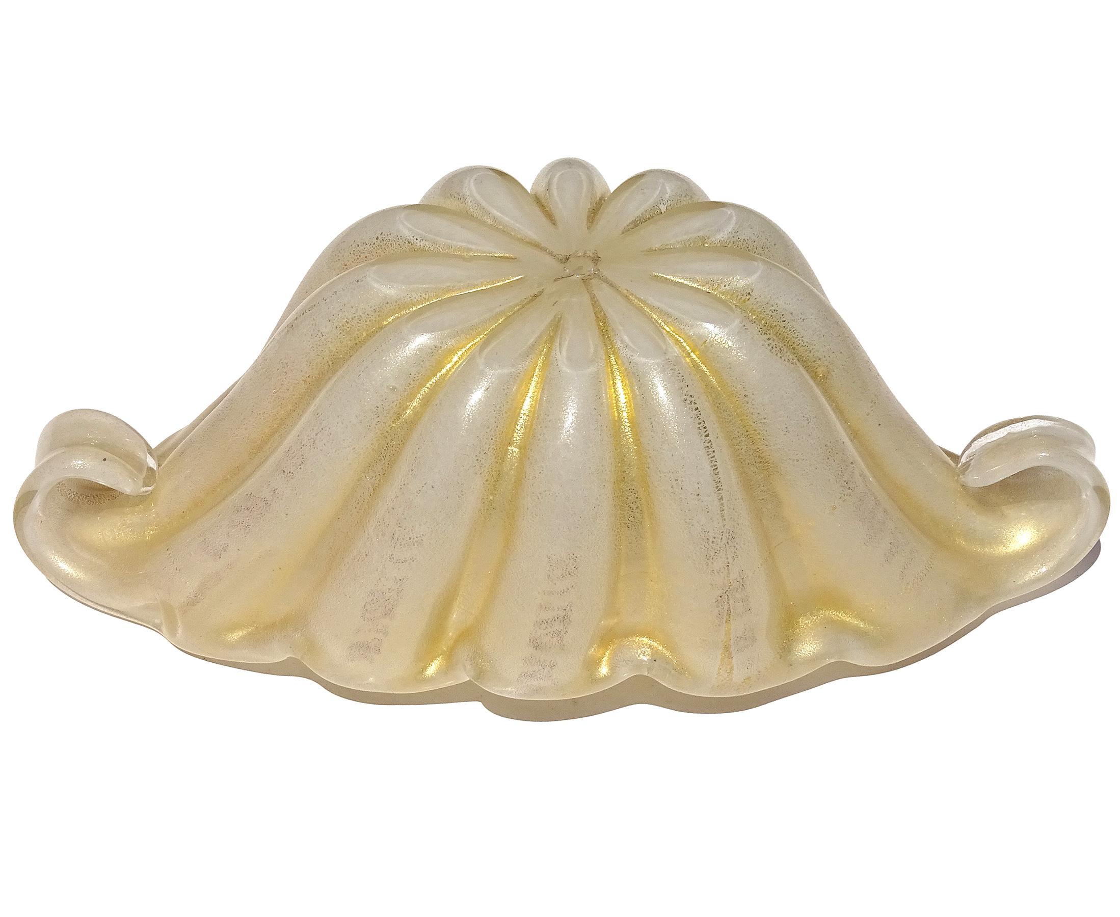 Barovier Toso Murano White Gold Flecks Italian Art Glass Flared Scallop Rim Bowl For Sale 1