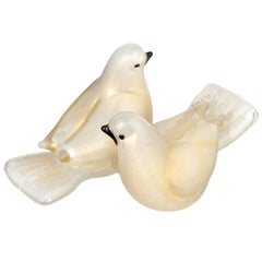 Barovier Toso Murano White Gold Flecks Italian Art Glass Love Birds Sculpture