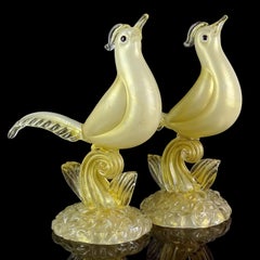 Barovier Toso Murano White Gold Flecks Italian Art Glass Pheasant Sculpture