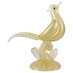 Barovier Toso Murano White Gold Flecks Italian Art Glass Pheasant Sculptures