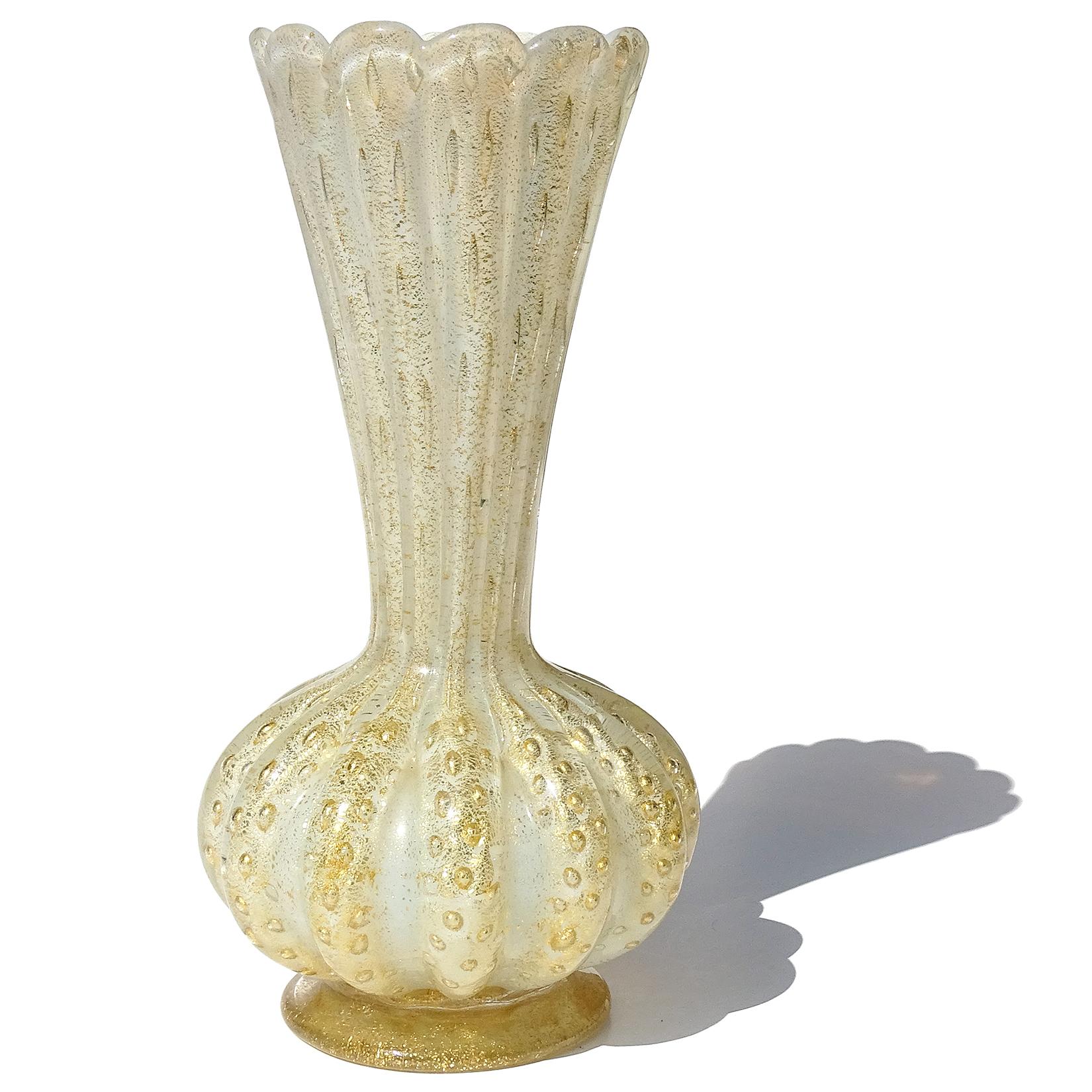 Mid-Century Modern Barovier Toso Murano White Opalescent Gold Flecks Italian Art Glass Flower Vase For Sale