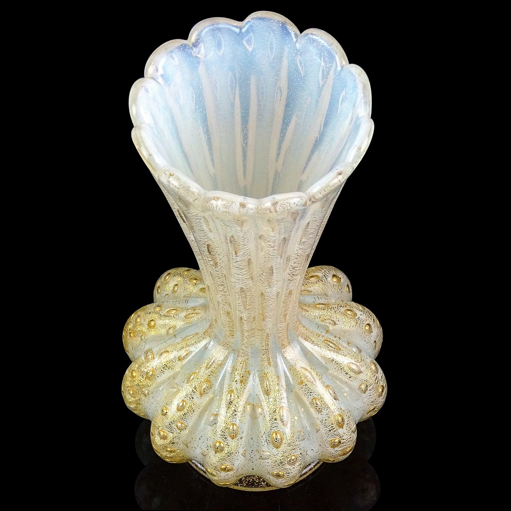 Hand-Crafted Barovier Toso Murano White Opalescent Gold Flecks Italian Art Glass Flower Vase For Sale