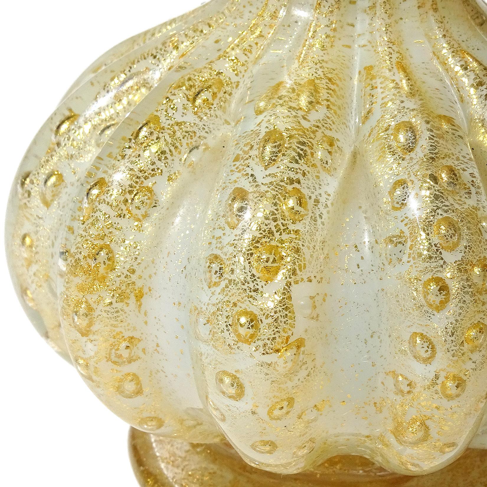 20th Century Barovier Toso Murano White Opalescent Gold Flecks Italian Art Glass Flower Vase For Sale