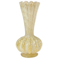 Barovier Toso Murano White Opalescent Gold Flecks Italian Art Glass Flower Vase