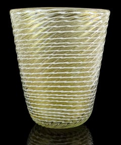 Barovier Toso Murano White Optic Swirl Gold Flecks Italian Art Glass Flower Vase