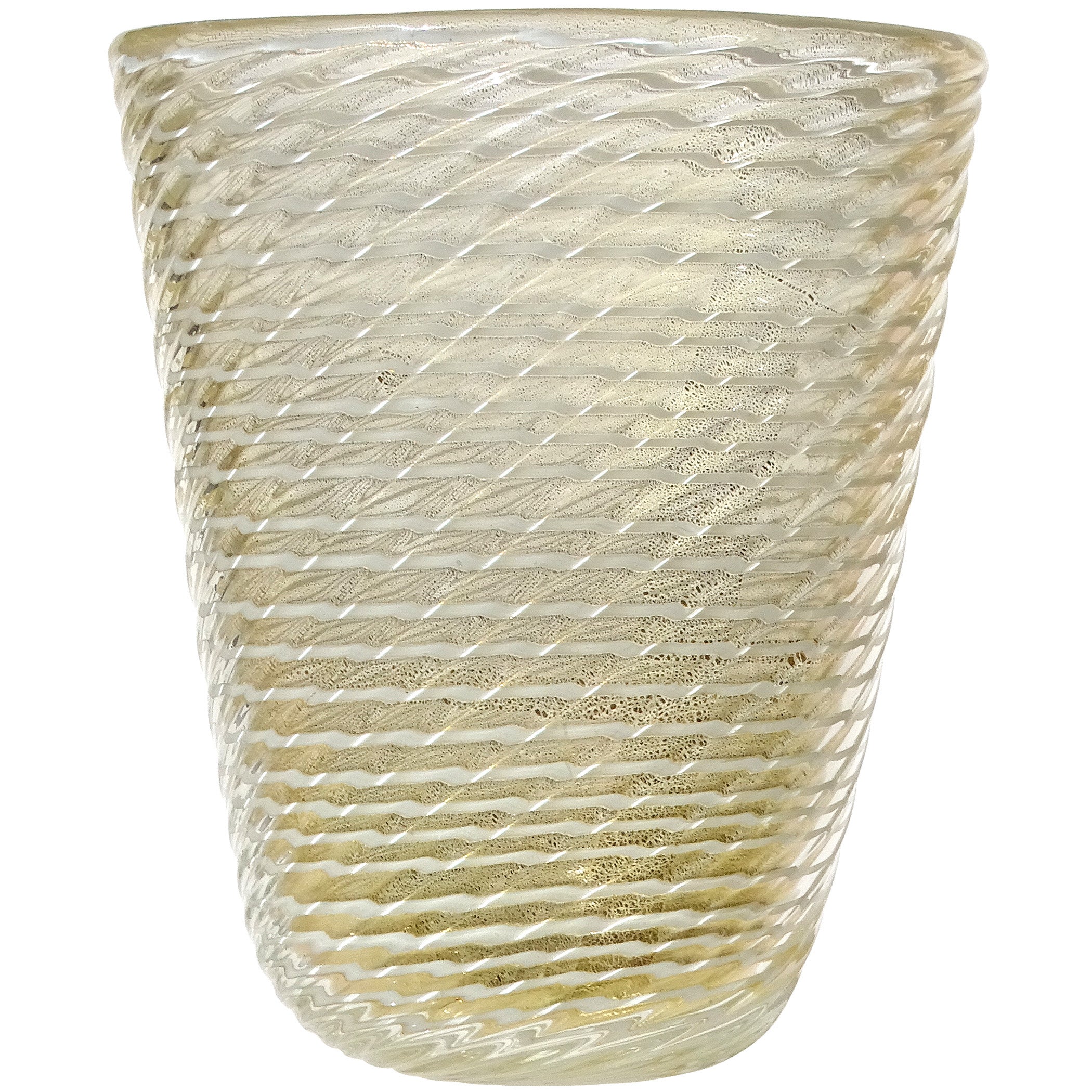 Barovier&Toso Vaso da fiori in vetro artistico italiano di Murano Bianco Optic Swirl Gold Flecks