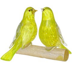 Barovier Toso Murano - Art italien - Sculpture d'oiseaux d'amour en verre jaune moucheté d'or