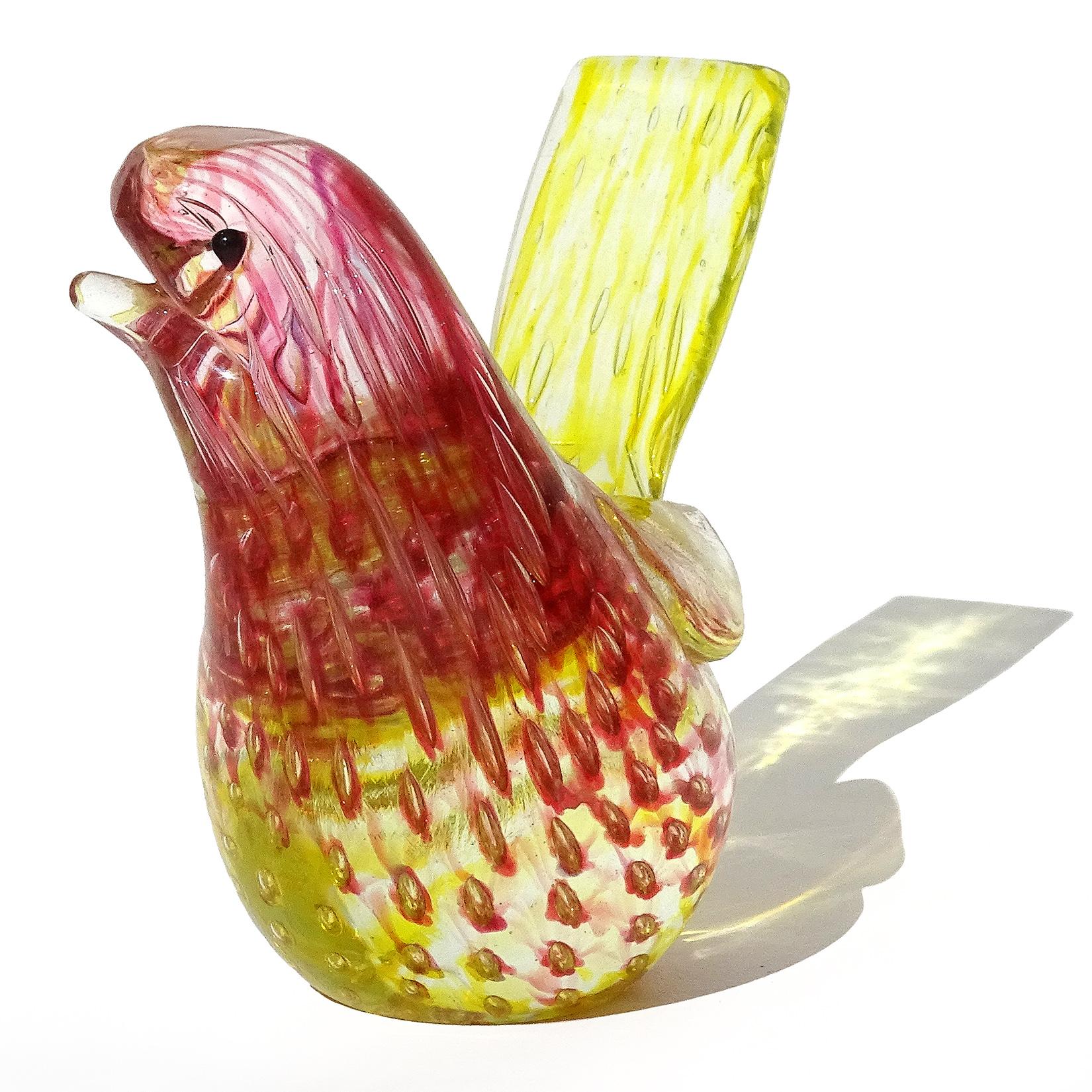 Mid-Century Modern Barovier Toso Murano Yellow Pink Gold Fleck Italian Art Glass Love Bird Figurine