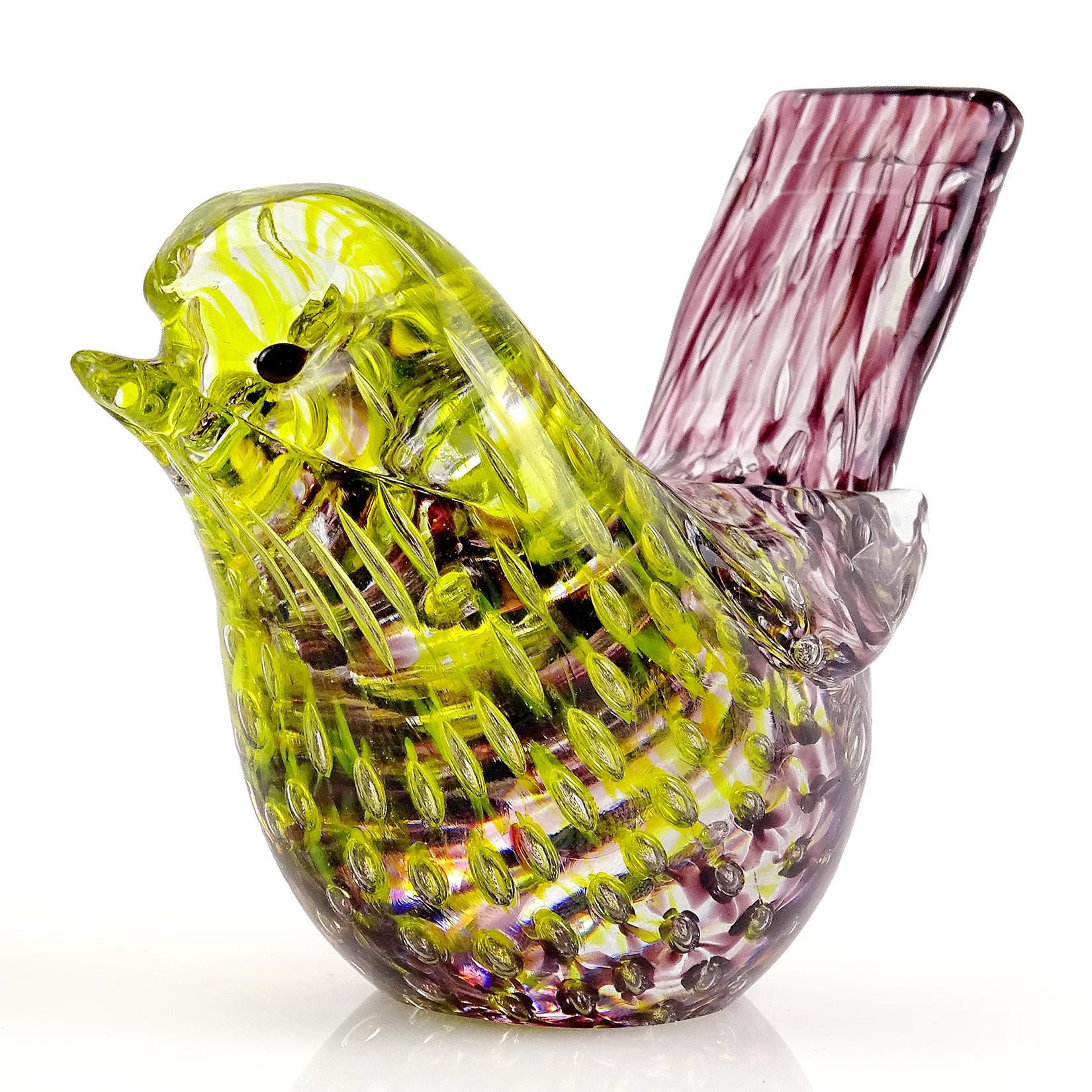 Beautiful vintage Murano hand blown clear, yellow and purple, bubbles Italian art glass finch / canary bird figurine. Documented to the Barovier e Toso Company. The bird has a controlled bubble 