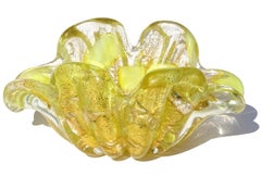 Barovier Toso Murano Yellow Spots Gold Flecks Italian Art Glass Flower Form Bowl