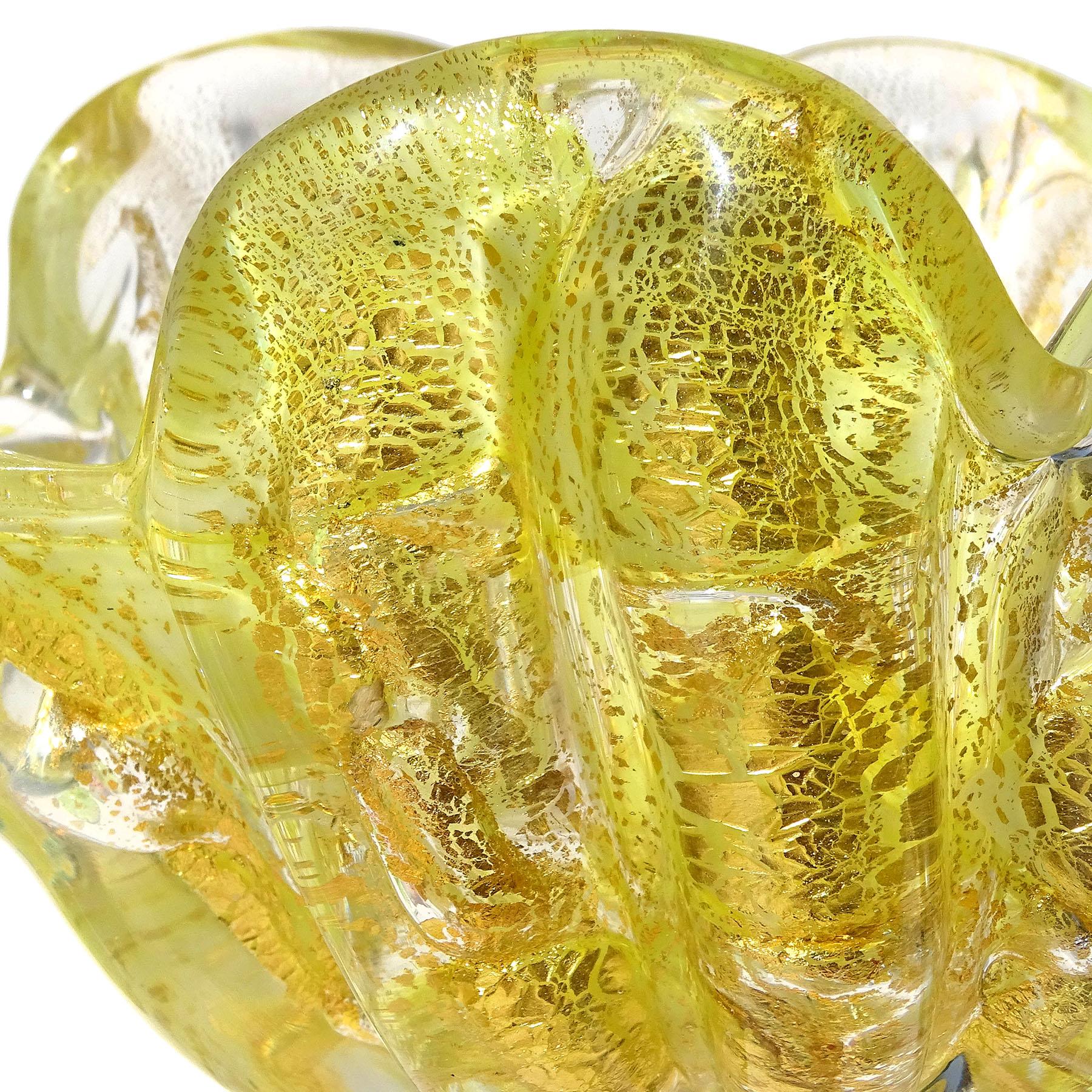 Barovier Toso Murano Yellow Spots Gold Flecks Italian Art Glass Flower Form Bowl For Sale 1