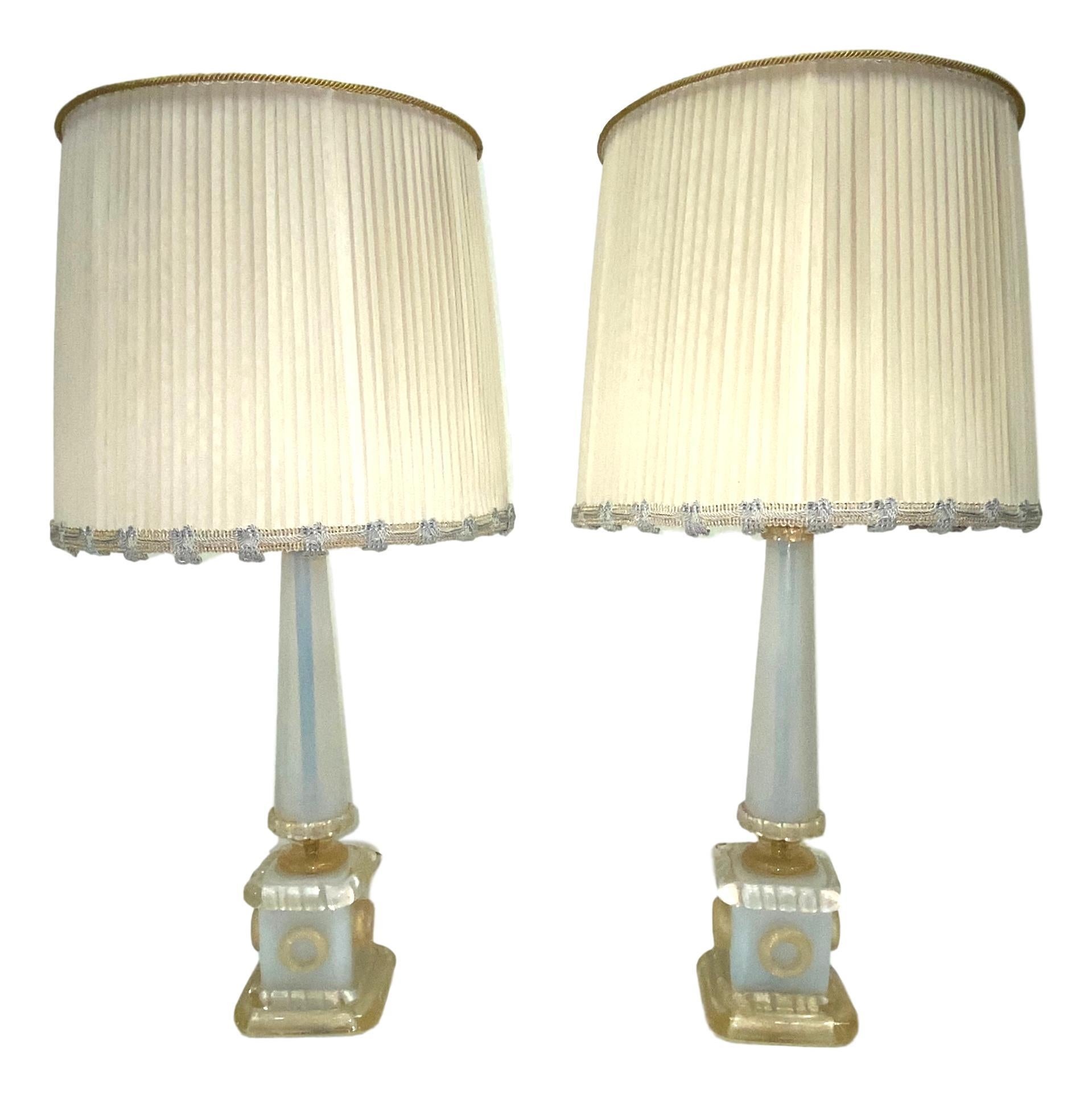 Neoclassical Barovier Toso Neoclassic Obelisk Iridize & Gold Infused Murano Glass Table Lamps For Sale
